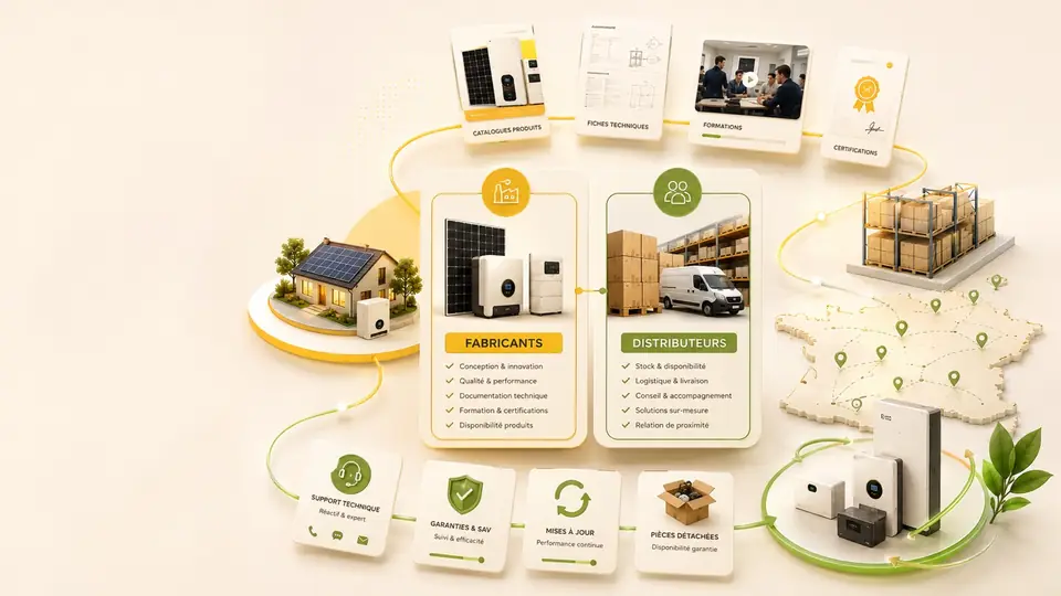 Écosystème TousENRJ reliant fabricants, distributeurs, catalogues, documentation, formation et service après-vente